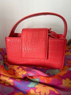 Orange Trendy Croc-Textured Top Handle Bag w Crossbody Strap New